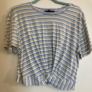 Forever 21 White, Blue and Yellow Striped Crop Top T-Shirt Knotted